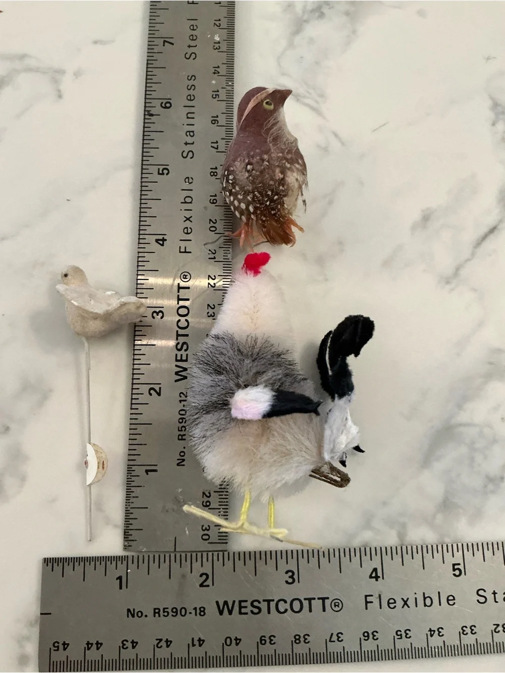 Set of Four Decorative Feather Birds - Neutral Tones with Red Accent
